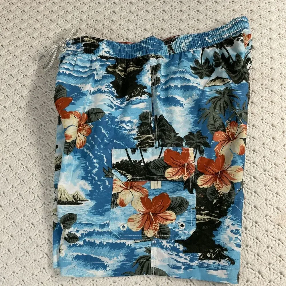 Caribbean Swim Trunks Mens L Mesh Lined Bathing Board Shorts Tropical Palm Trees